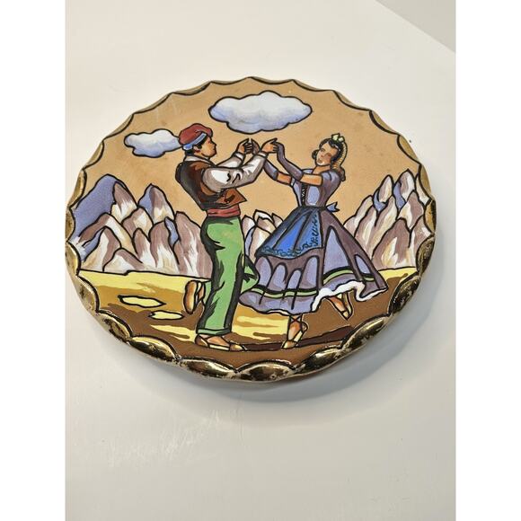 Antique Plate 1893-1923 Embossed "FOREIGN" on Back Old Folkart Dancing Couple - Picture 1 of 11